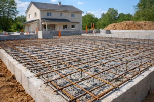 fondations de maison en cours de construction avec armature métallique et dalle en béton