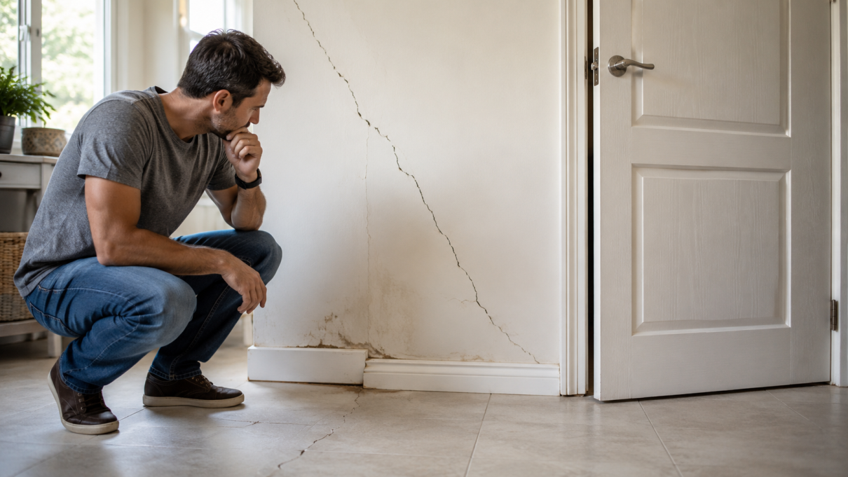 Fissures sur les murs d’une maison révélant un possible problème de fondations et de stabilité du bâtiment