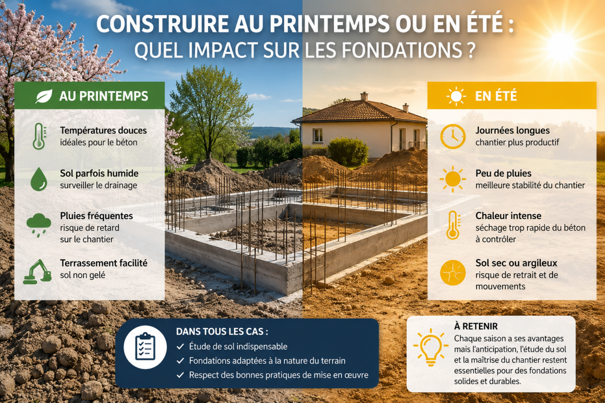 Chantier de construction au printemps ou en été avec terrassement et préparation des fondations d’une maison